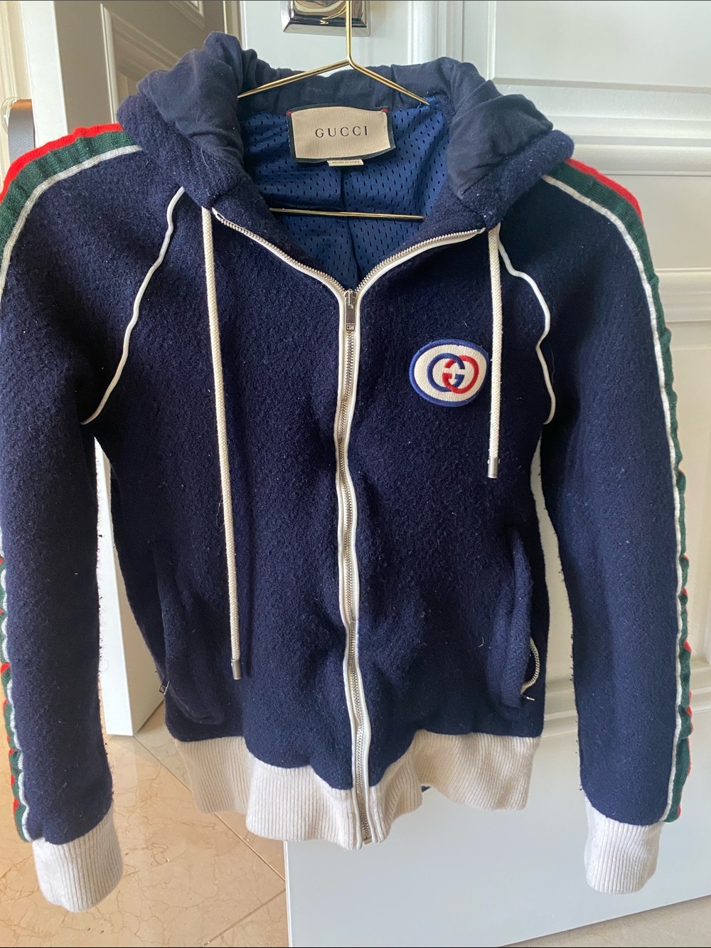 Gucci Navy Hooded Zip Jacket with Red & Green Stripe Detail